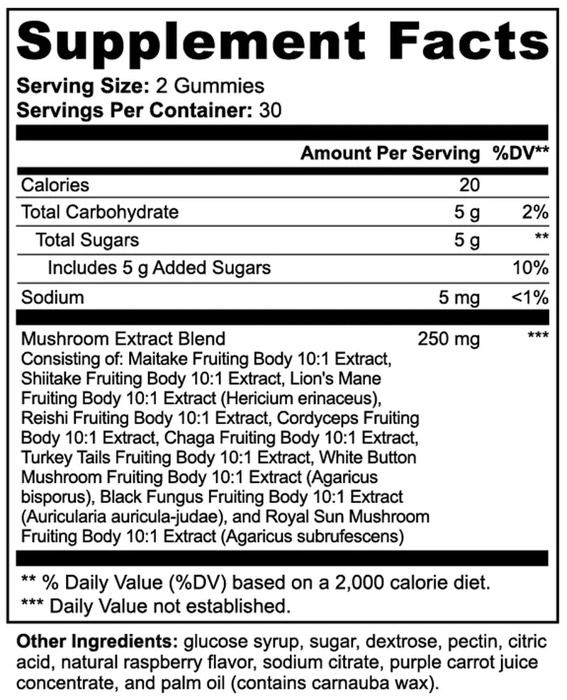 Mushroom Extract Complex with Shiitake, Maitake, and Lion's Mane in Raspberry Flavor