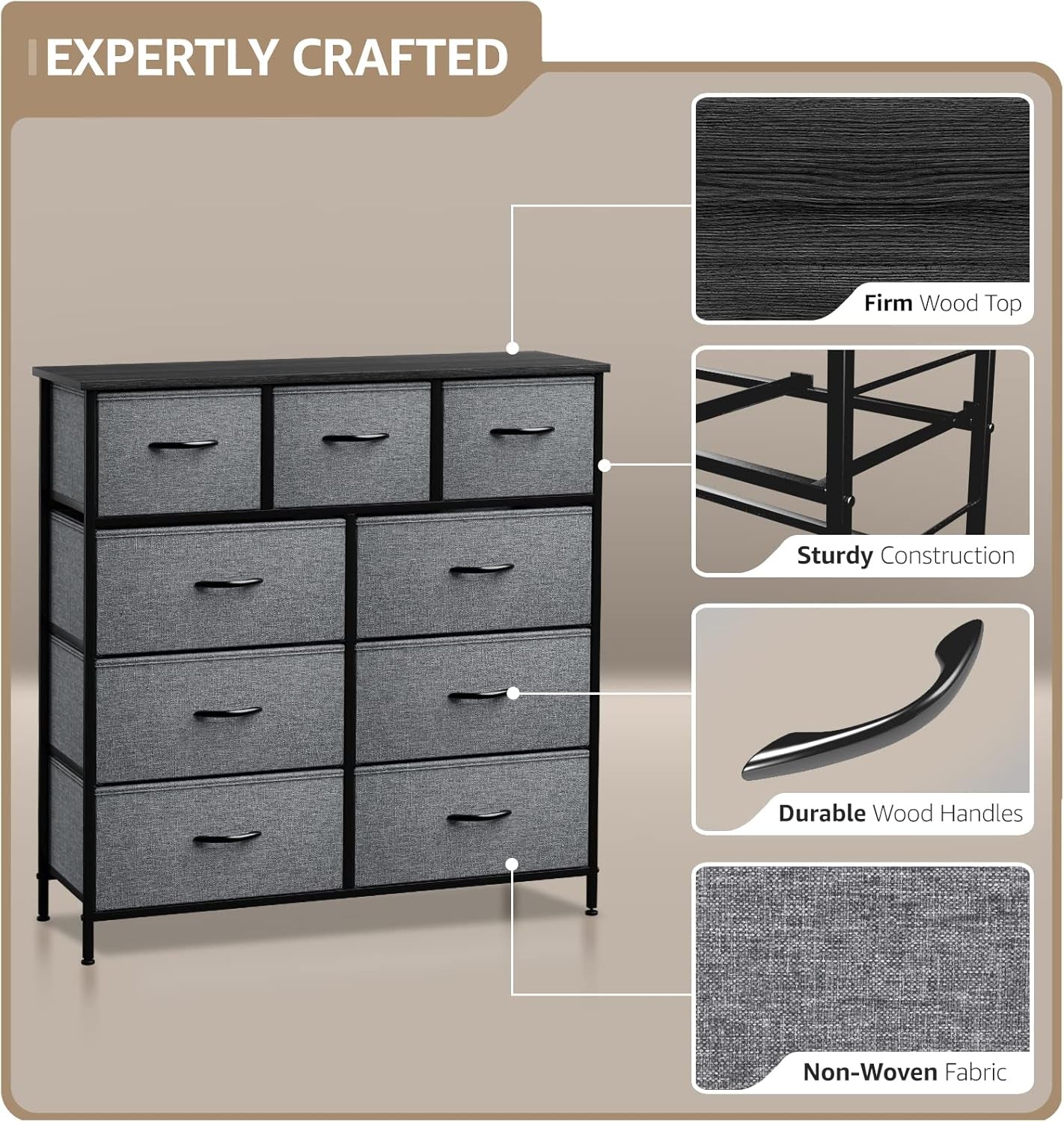 9-Drawer Dresser - Versatile Storage Chest for Bedroom, Hallway, Closet, and Office Organization - Steel Frame with Wood Top and Easy-Pull Fabric Bins (Black)