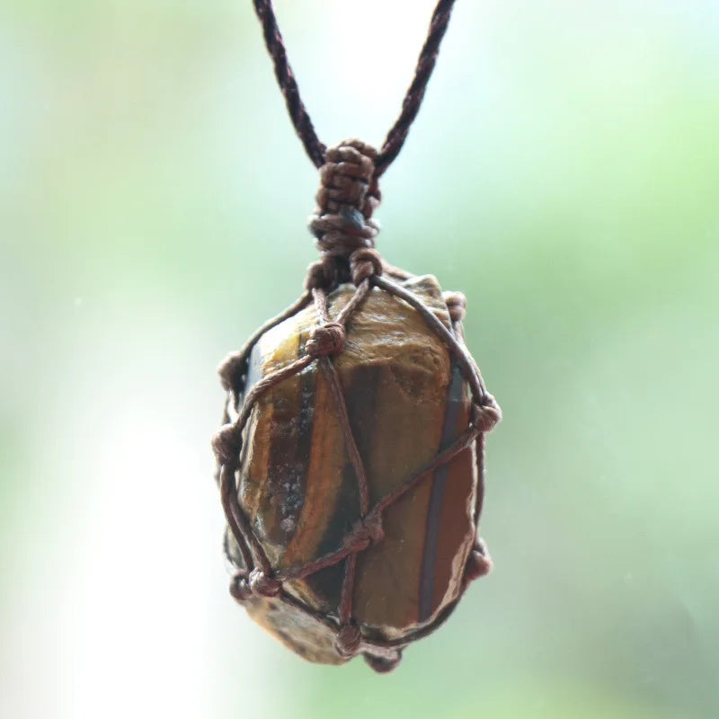 Natural Stone Mesh Pocket Necklace – Crystal Agate Handmade Adjustable Pendant Jewelry