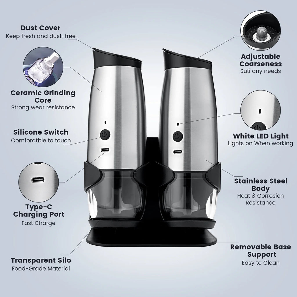 2 Pack Electric Salt and Pepper Grinder Set ,Automatic Pepper Mill Grinder with Charging Base & LED Light,Adjustable Coarseness,One-Handed Operation Salt Pepper Mills ﻿