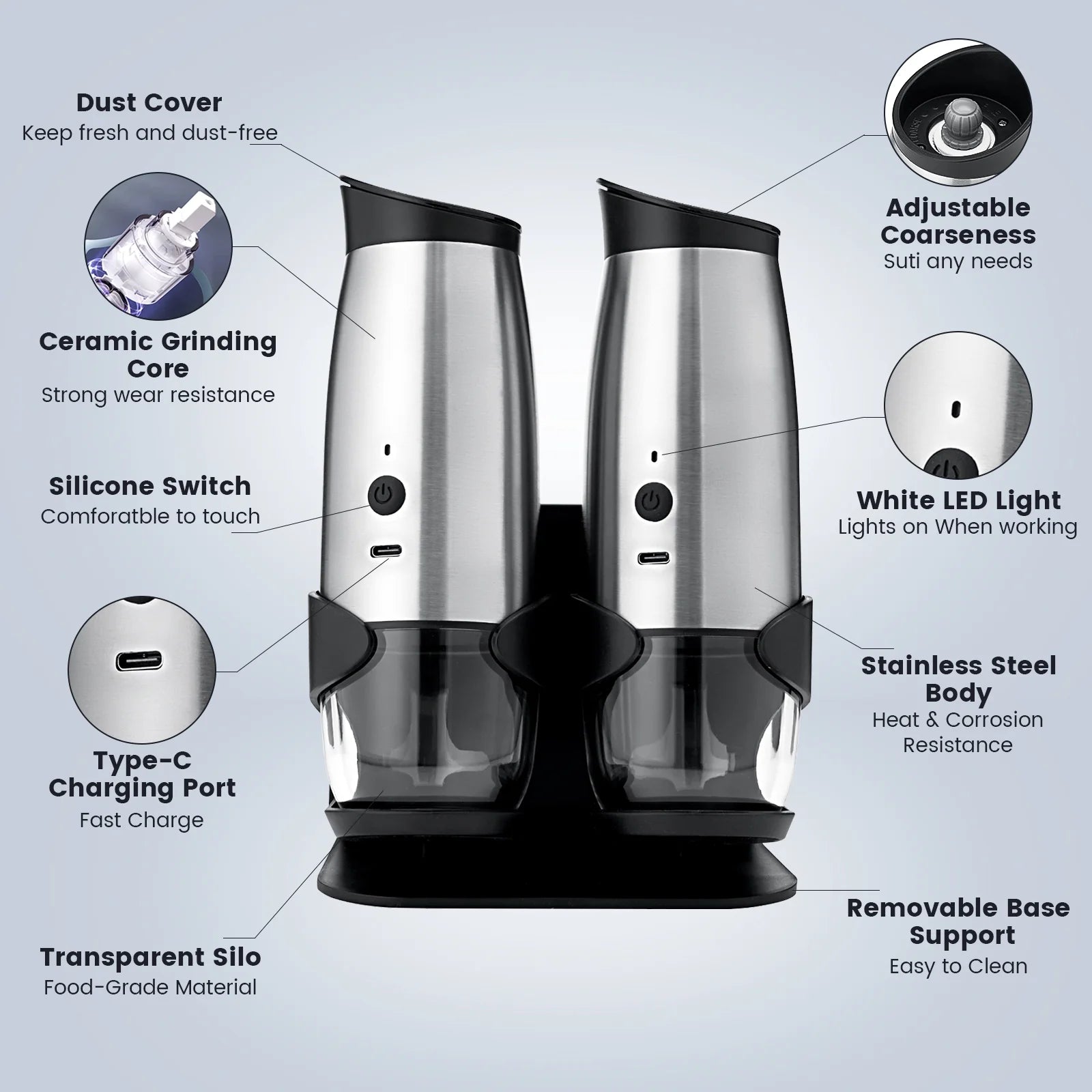 2 Pack Electric Salt and Pepper Grinder Set ,Automatic Pepper Mill Grinder with Charging Base & LED Light,Adjustable Coarseness,One-Handed Operation Salt Pepper Mills ﻿