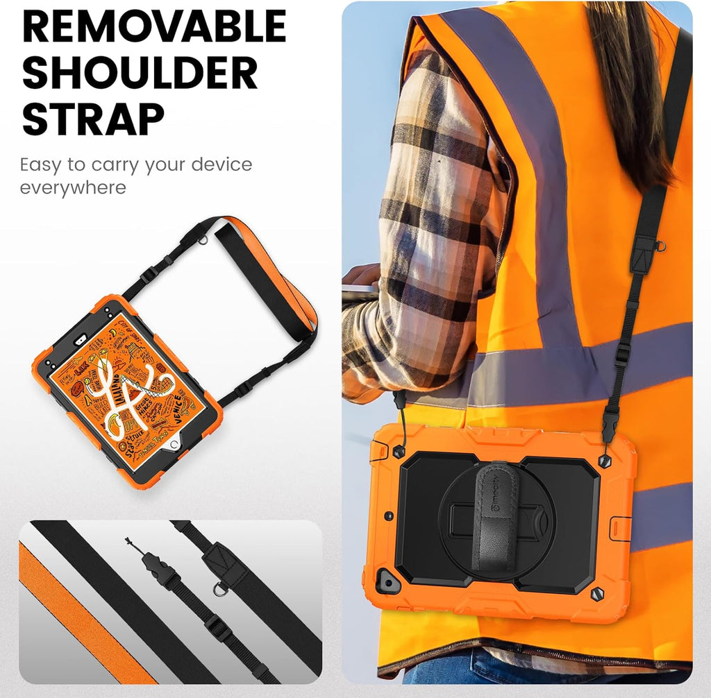 iPad Mini 5th/4th Generation 7.9" Heavy-Duty Case with Screen Protector, Kickstand, Hand/Shoulder Strap, and Pencil Holder - Orange