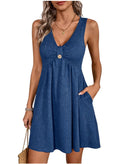 Women'S Sleeveless V Neck Dress Casual Button a Line Flare Dresses with Pockets Summer Loose Fit Soft Dresses