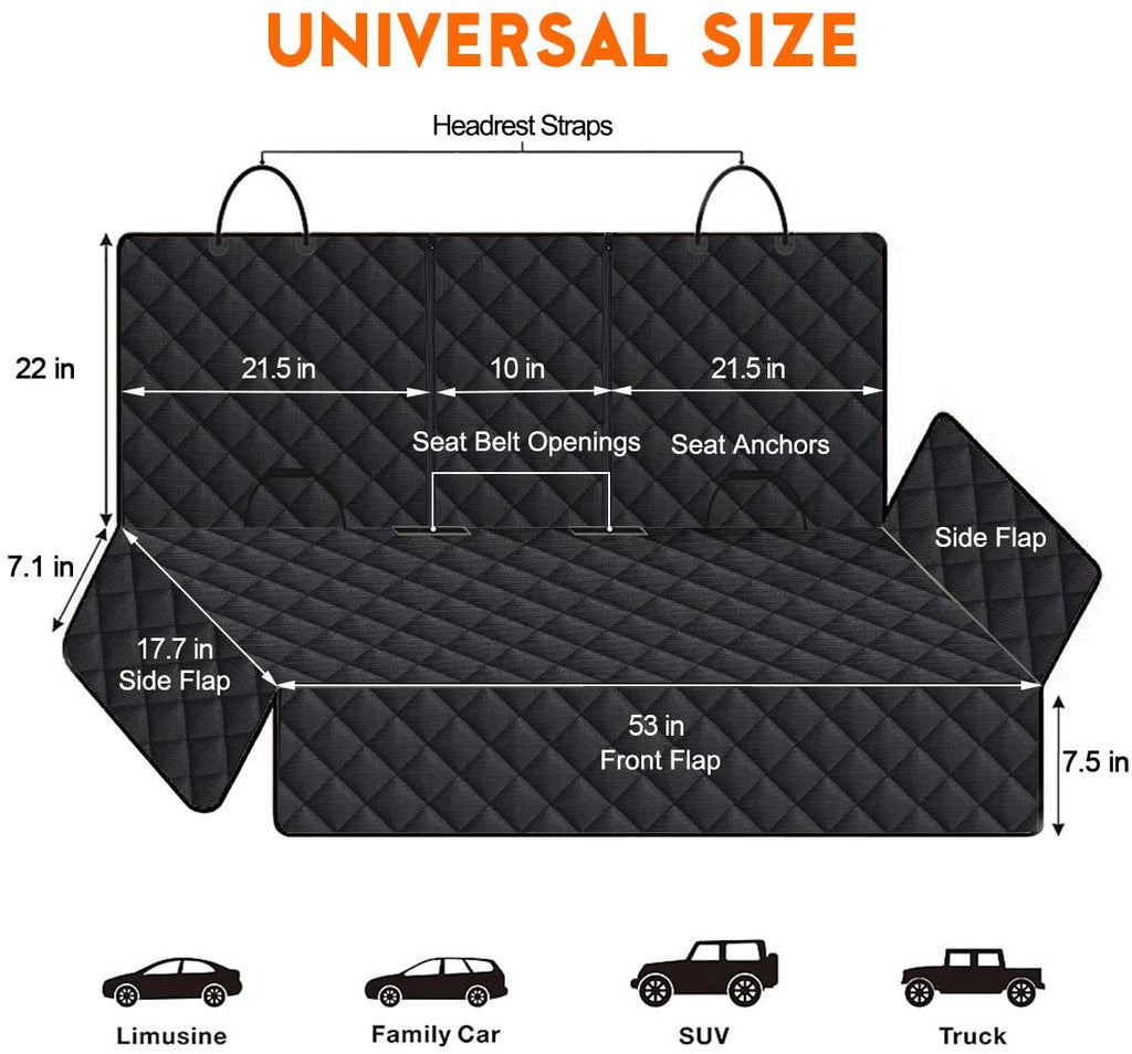 Premium Waterproof Dog Car Seat Cover - Non-Slip Back Seat Protector for Cars, Trucks & SUVs - Fits Middle Armrest - Black
