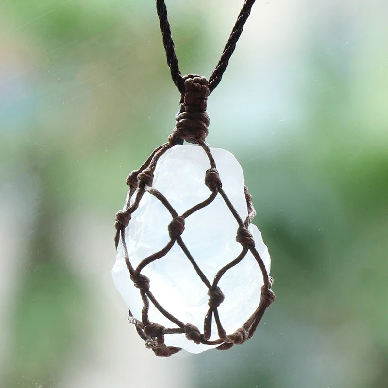 Natural Stone Mesh Pocket Necklace – Crystal Agate Handmade Adjustable Pendant Jewelry