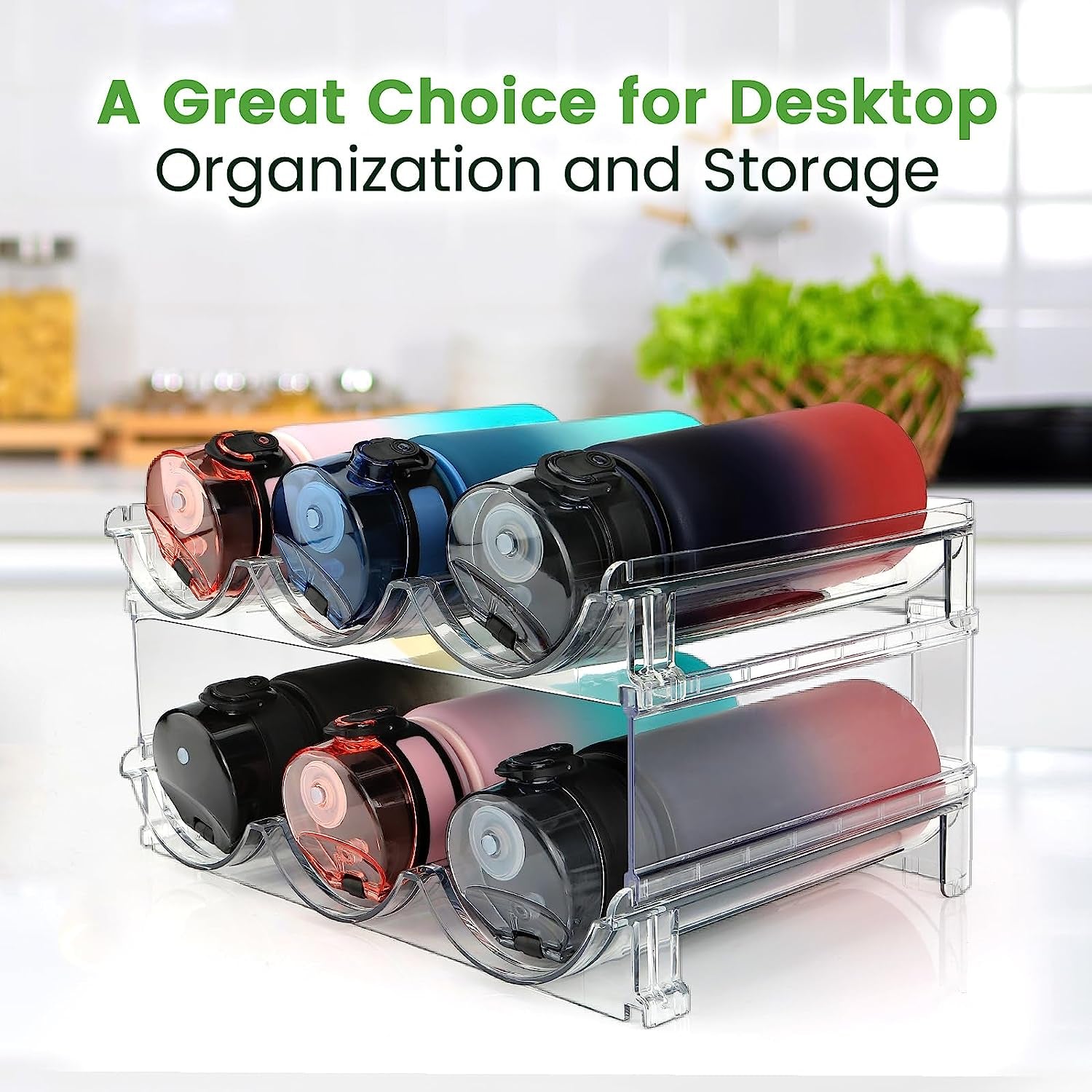 Stackable Water Bottle Organizer - 2 Pack Cabinet Storage Rack for Efficient Water Bottle Organization