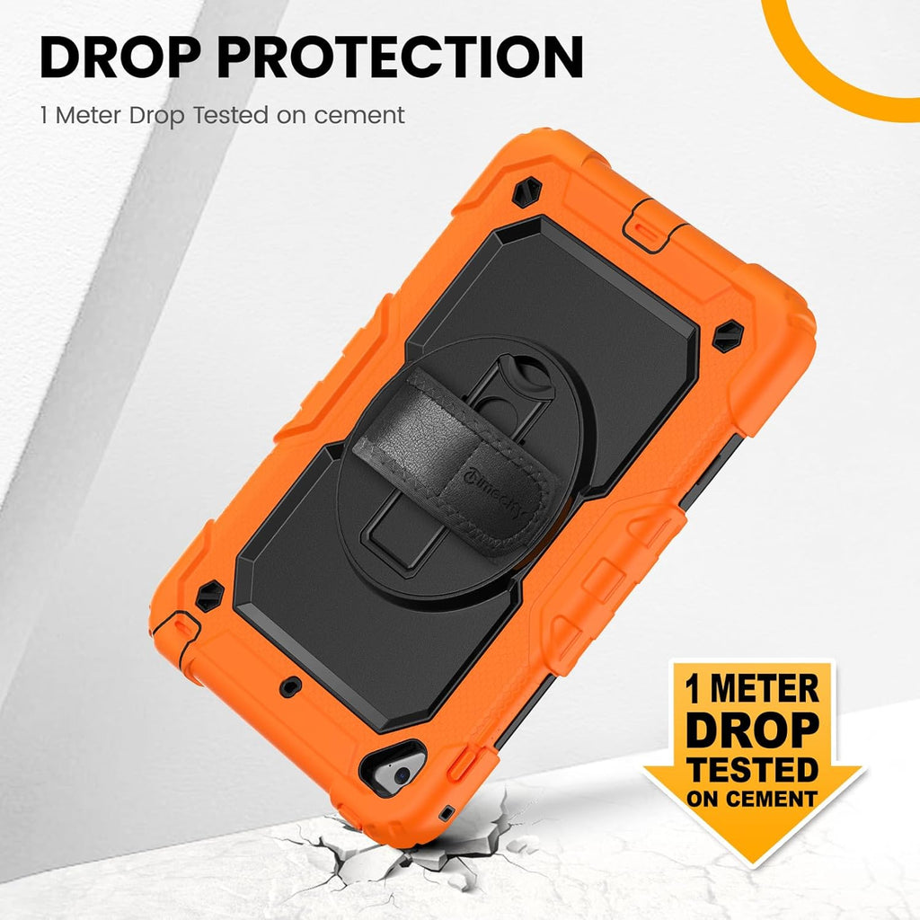 iPad Mini 5th/4th Generation 7.9" Heavy-Duty Case with Screen Protector, Kickstand, Hand/Shoulder Strap, and Pencil Holder - Orange