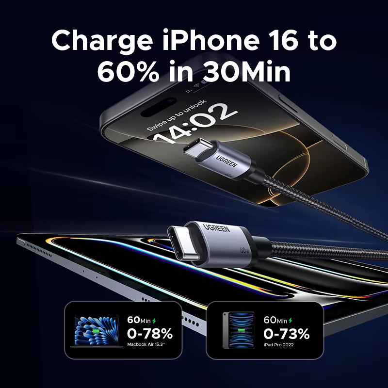 USB C Cable PD60W Fast Charge Cable for Iphone 17 16 15 Samsung S25 S24 Ipad Macbook Air Xiaomi Fast Charging Data Cable