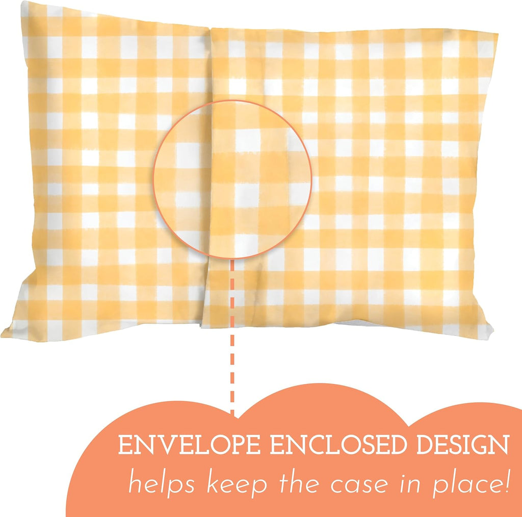 Youth Pillow Case - 100% Cotton Hypoallergenic - Snug Fit Envelope Design - 16x22 Inches - Gingham Yellow Travel Pillow Cover