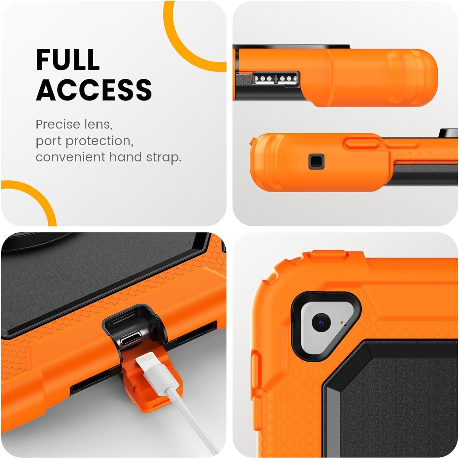 iPad Mini 5th/4th Generation 7.9" Heavy-Duty Case with Screen Protector, Kickstand, Hand/Shoulder Strap, and Pencil Holder - Orange