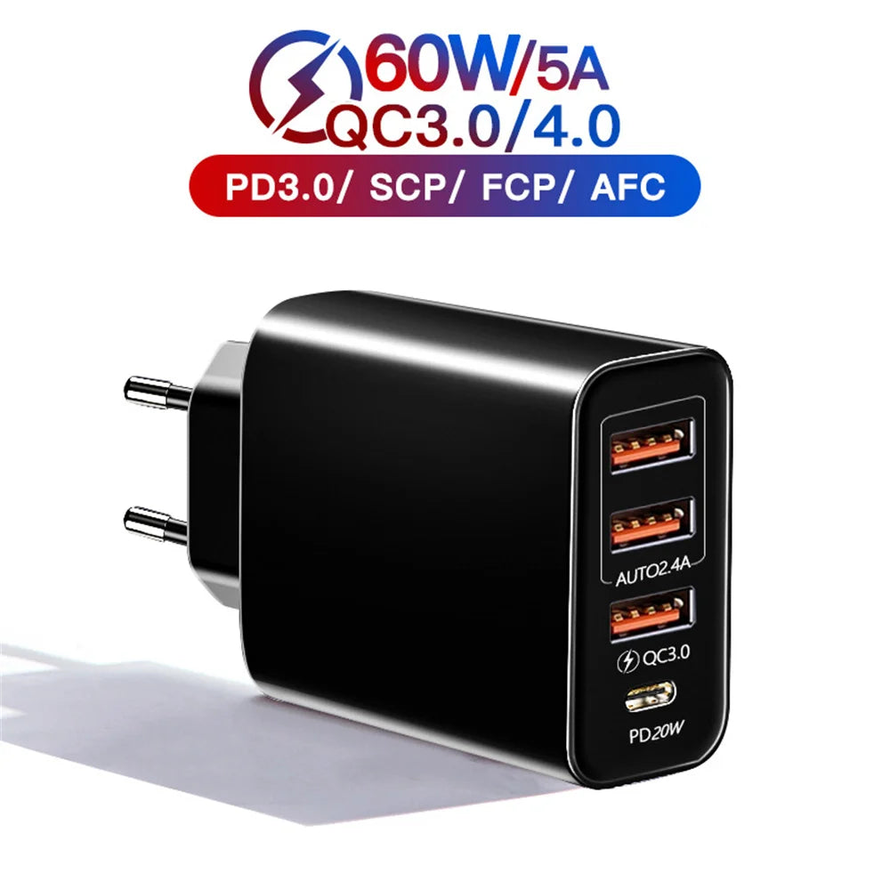 USB Type C Charger 60W PD Fast Charging Phone Charger QC3.0 Wall Power Adapter Travel Charger for Iphone Xiaomi Samsung Huawei