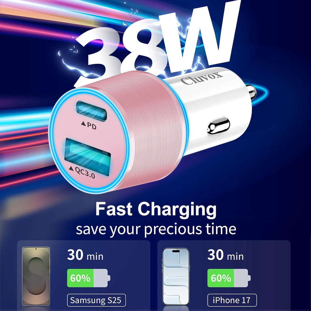 38W USB C Car Charger Adapter, 20W Fast USB-C & 18W Rapid QC3.0 Ports, 12V Cigarette Lighter Adapter for Iphone 17/16 /15, Samsung S26, Google Pixel, Android Phones Auto Accessories for Women- Pink