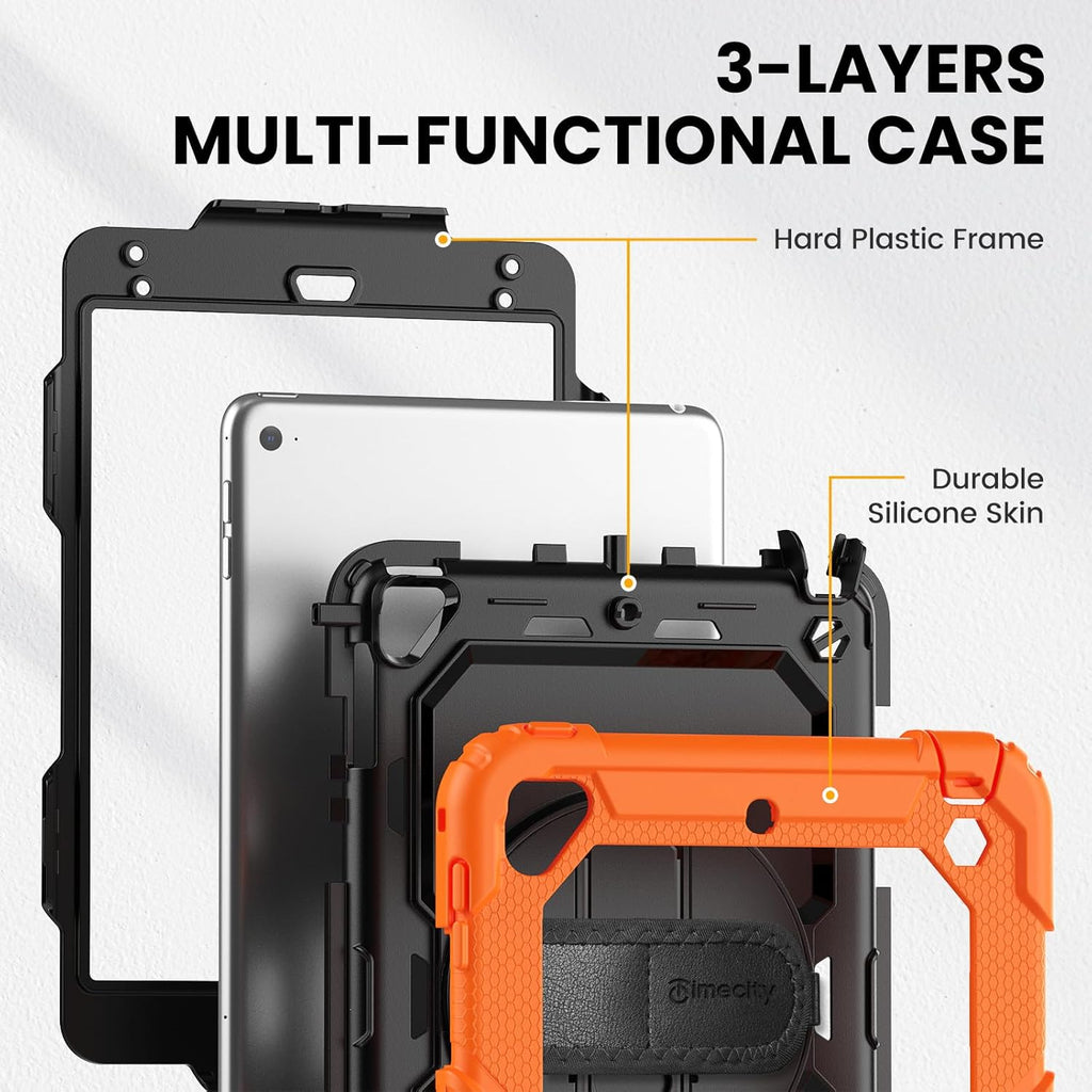 iPad Mini 5th/4th Generation 7.9" Heavy-Duty Case with Screen Protector, Kickstand, Hand/Shoulder Strap, and Pencil Holder - Orange