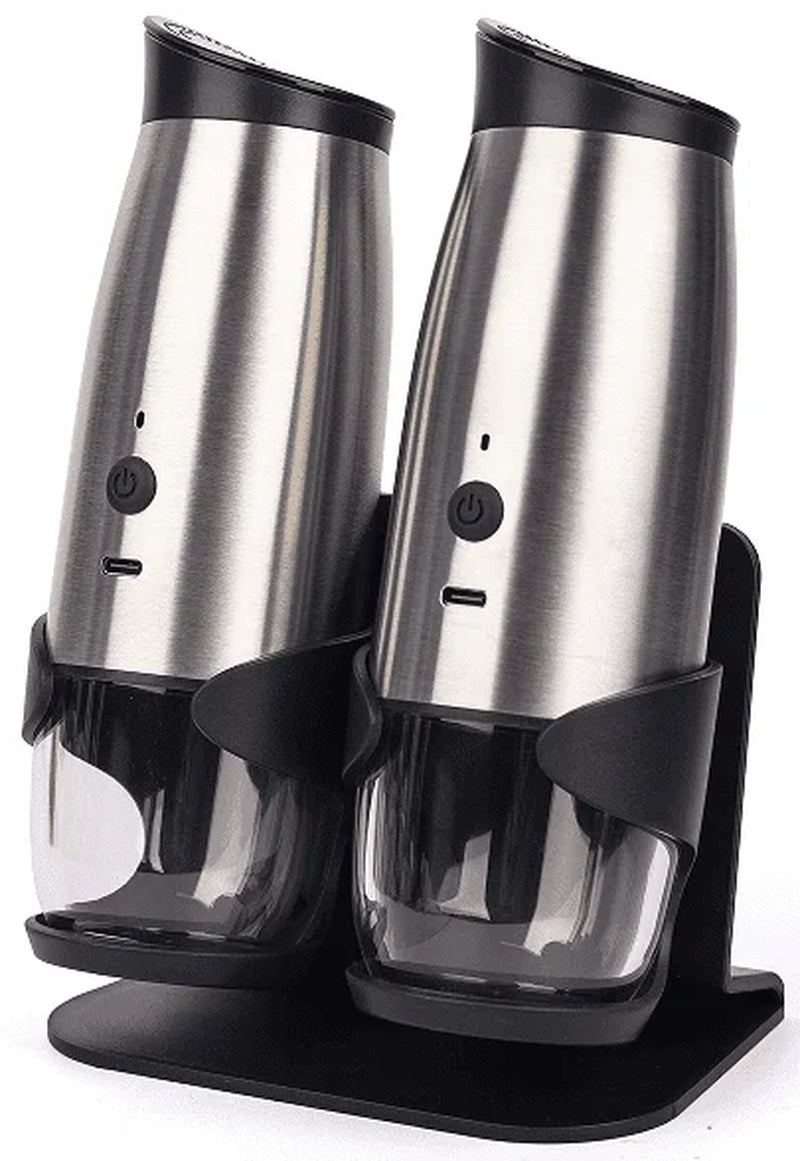 2 Pack Electric Salt and Pepper Grinder Set ,Automatic Pepper Mill Grinder with Charging Base & LED Light,Adjustable Coarseness,One-Handed Operation Salt Pepper Mills ﻿