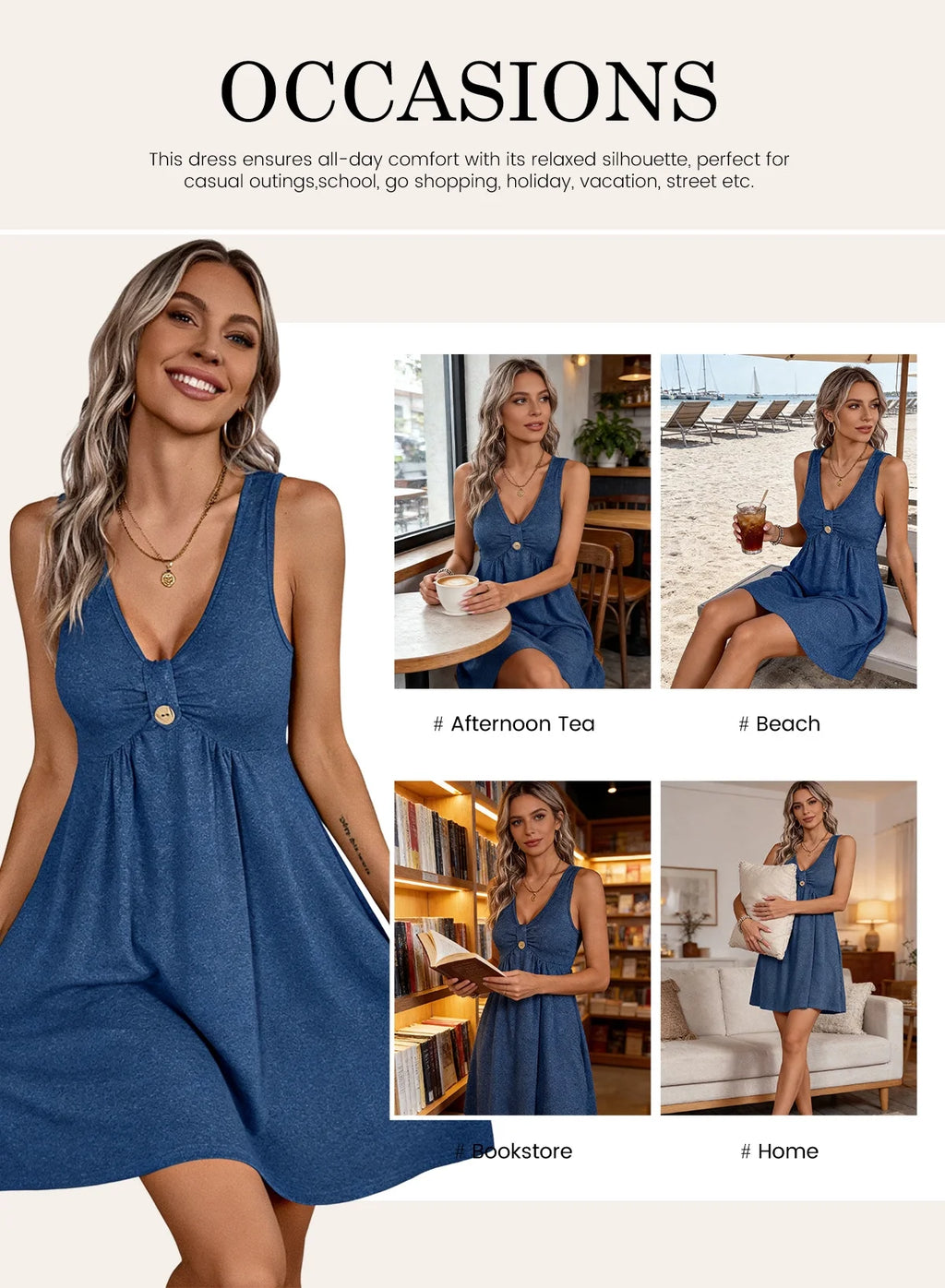 Women'S Sleeveless V Neck Dress Casual Button a Line Flare Dresses with Pockets Summer Loose Fit Soft Dresses