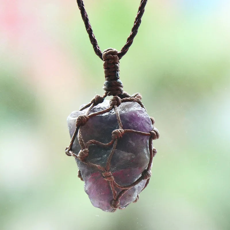 Natural Stone Mesh Pocket Necklace – Crystal Agate Handmade Adjustable Pendant Jewelry