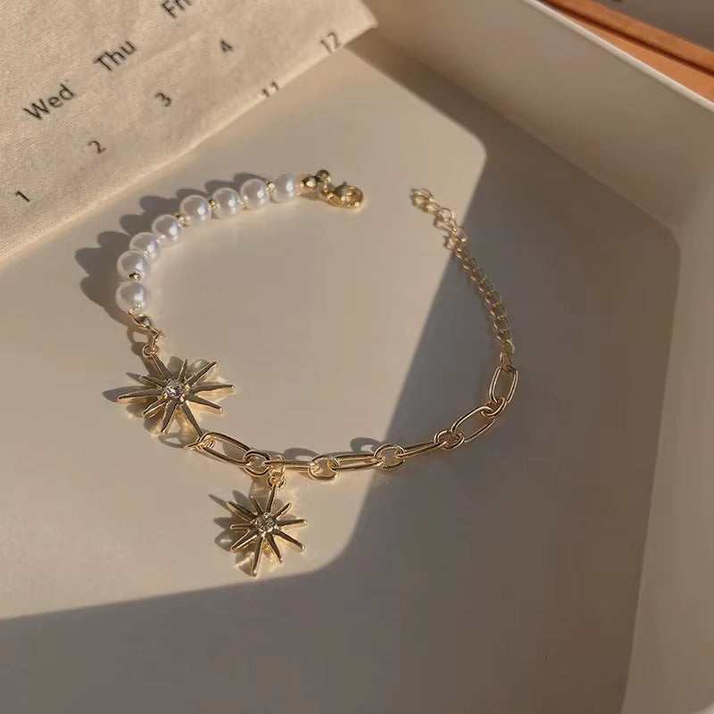 Big Heart Charm Hallowout Star Fire Ball Bracelet for Women Imitation Pearl Cute Charm Lock Closure Ins Women Bracelet Jewelry