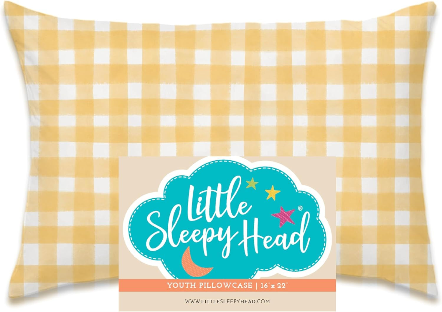 Youth Pillow Case - 100% Cotton Hypoallergenic - Snug Fit Envelope Design - 16x22 Inches - Gingham Yellow Travel Pillow Cover
