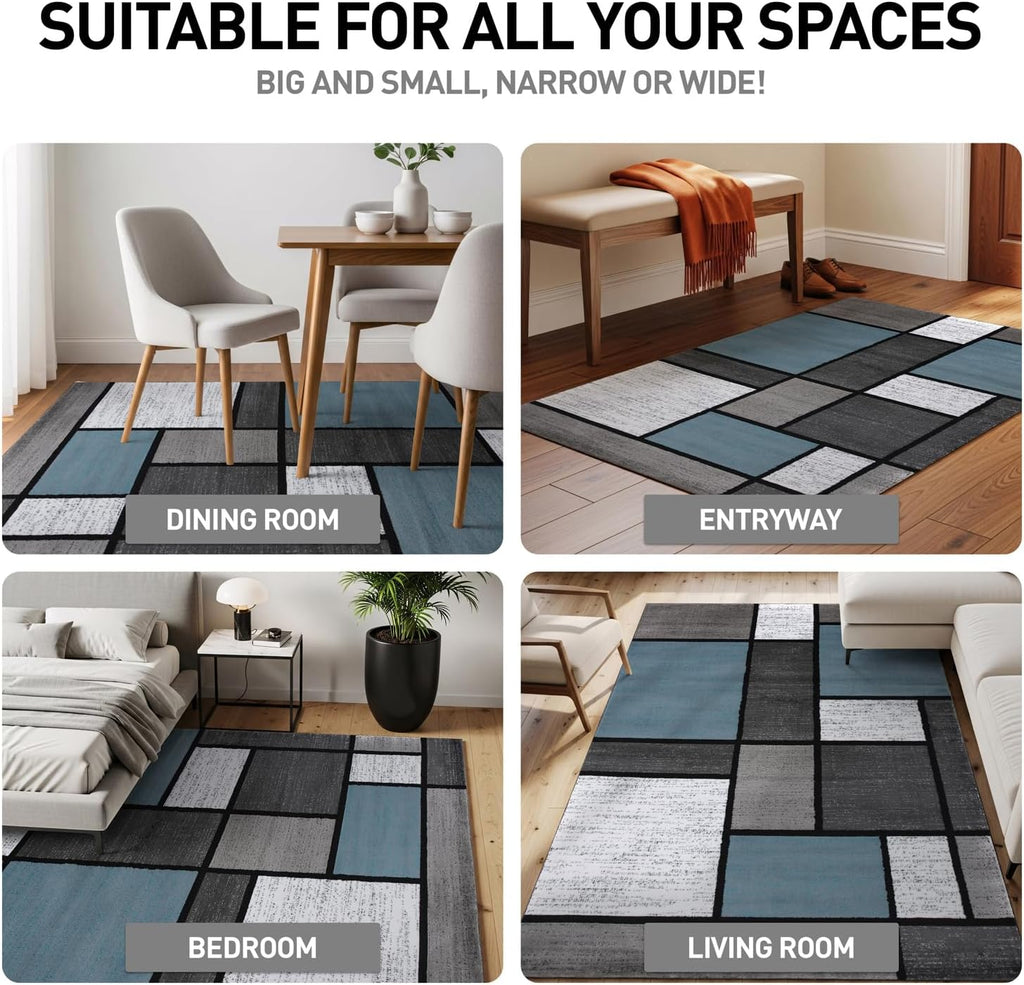 Modern Geometric Blue Area Rug, Non-Shedding Carpet for Bedroom, Office, or Small Living Room, 4' x 6