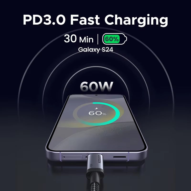 USB C Cable PD60W Fast Charge Cable for Iphone 17 16 15 Samsung S25 S24 Ipad Macbook Air Xiaomi Fast Charging Data Cable