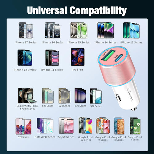38W USB C Car Charger Adapter, 20W Fast USB-C & 18W Rapid QC3.0 Ports, 12V Cigarette Lighter Adapter for Iphone 17/16 /15, Samsung S26, Google Pixel, Android Phones Auto Accessories for Women- Pink