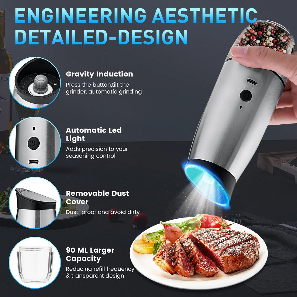 2 Pack Electric Salt and Pepper Grinder Set ,Automatic Pepper Mill Grinder with Charging Base & LED Light,Adjustable Coarseness,One-Handed Operation Salt Pepper Mills ﻿