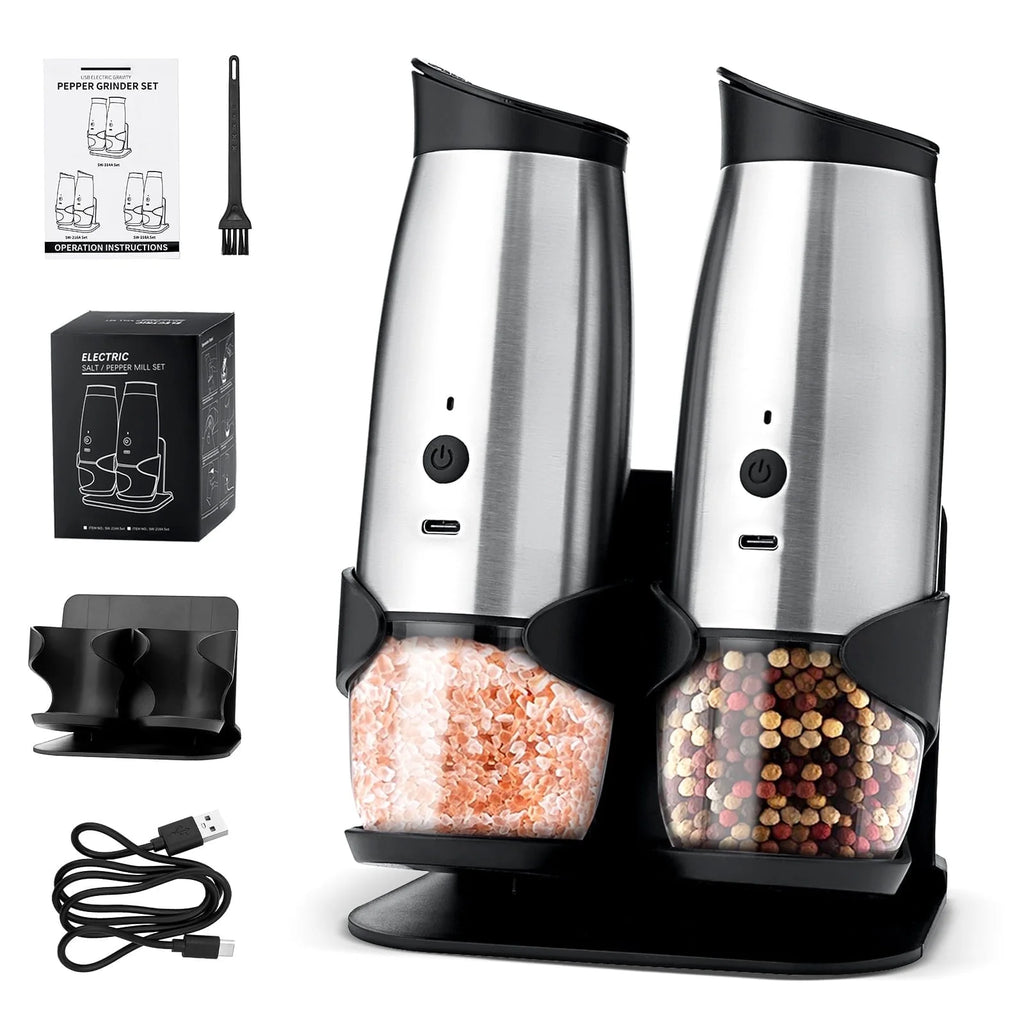 2 Pack Electric Salt and Pepper Grinder Set ,Automatic Pepper Mill Grinder with Charging Base & LED Light,Adjustable Coarseness,One-Handed Operation Salt Pepper Mills ﻿