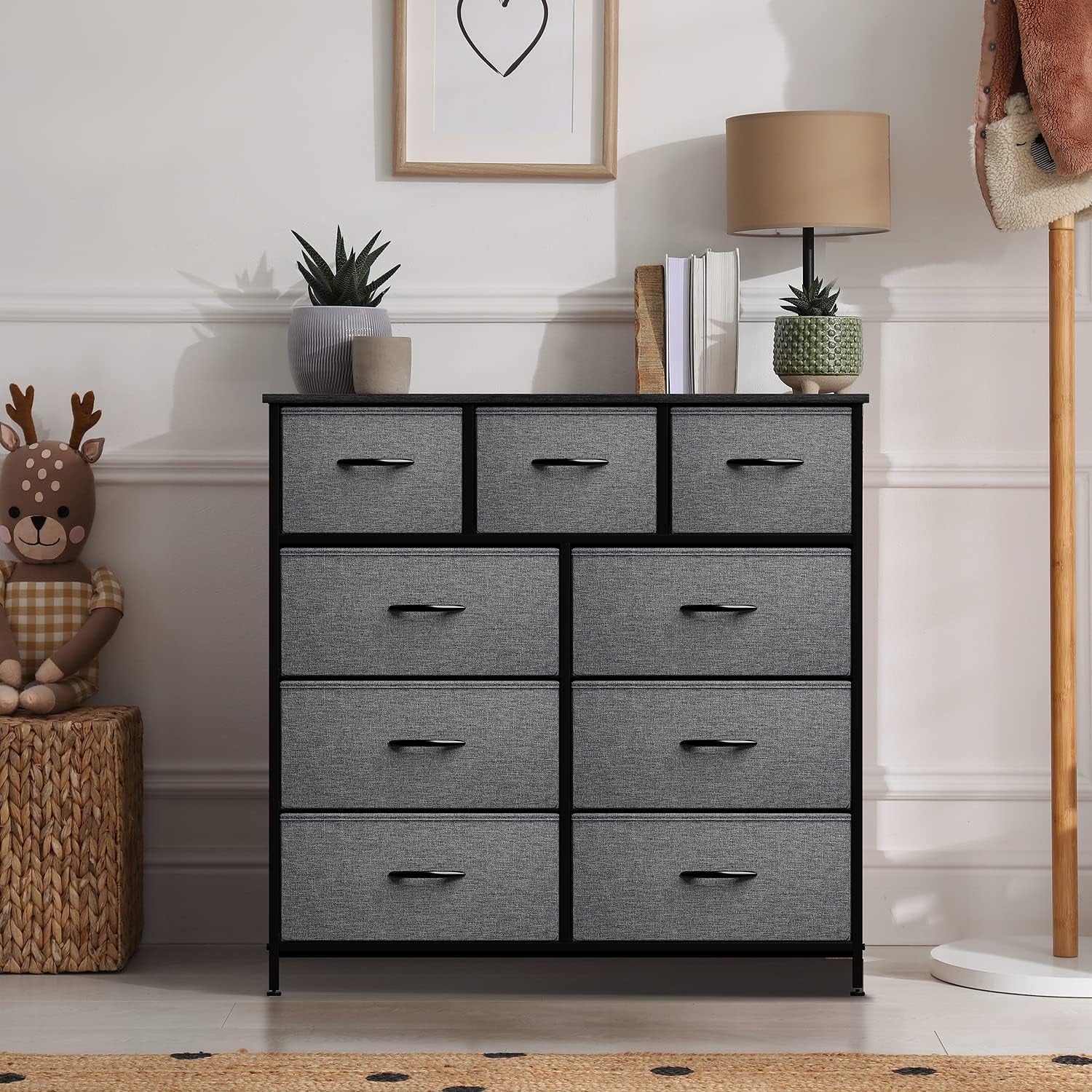 9-Drawer Dresser - Versatile Storage Chest for Bedroom, Hallway, Closet, and Office Organization - Steel Frame with Wood Top and Easy-Pull Fabric Bins (Black)