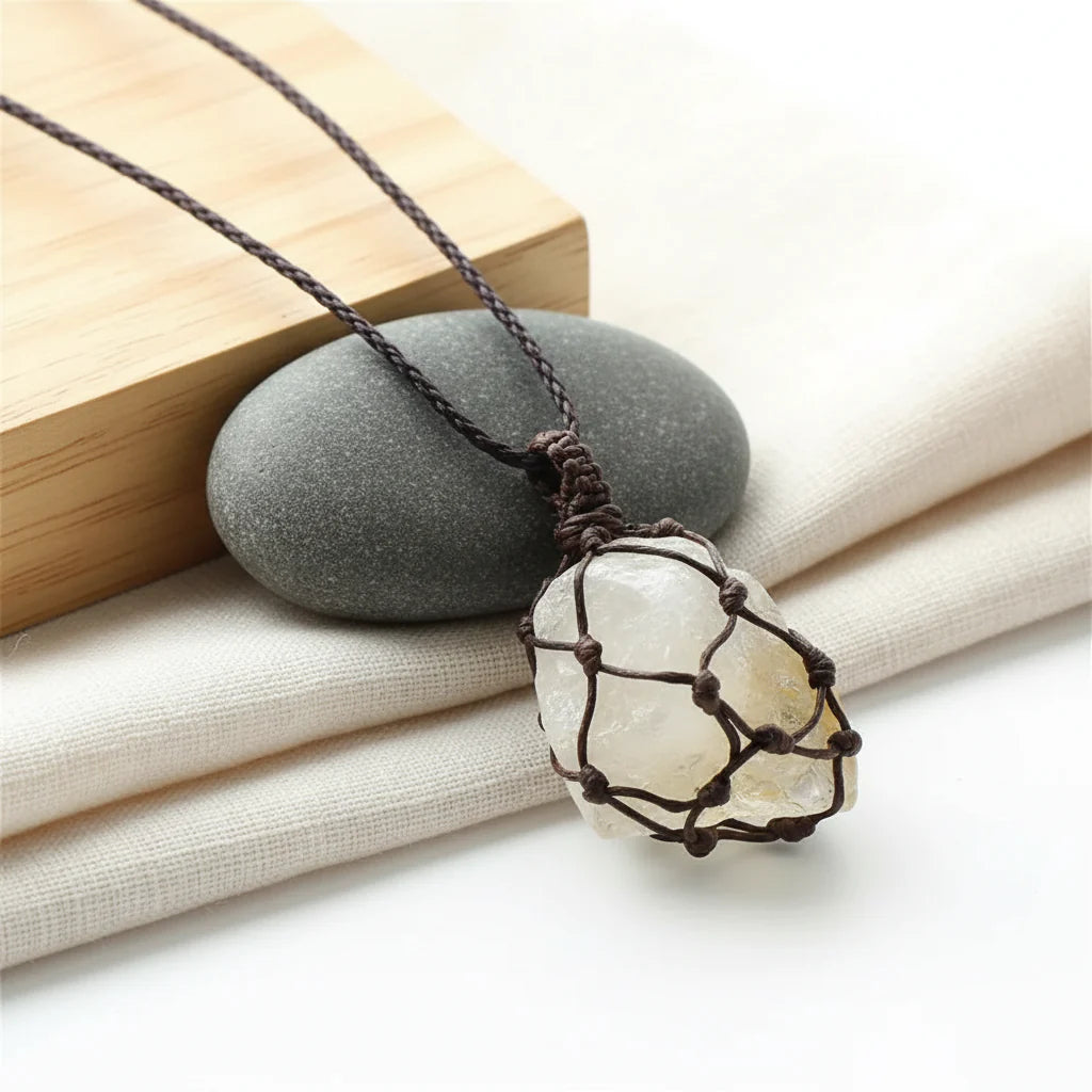 Natural Stone Mesh Pocket Necklace – Crystal Agate Handmade Adjustable Pendant Jewelry