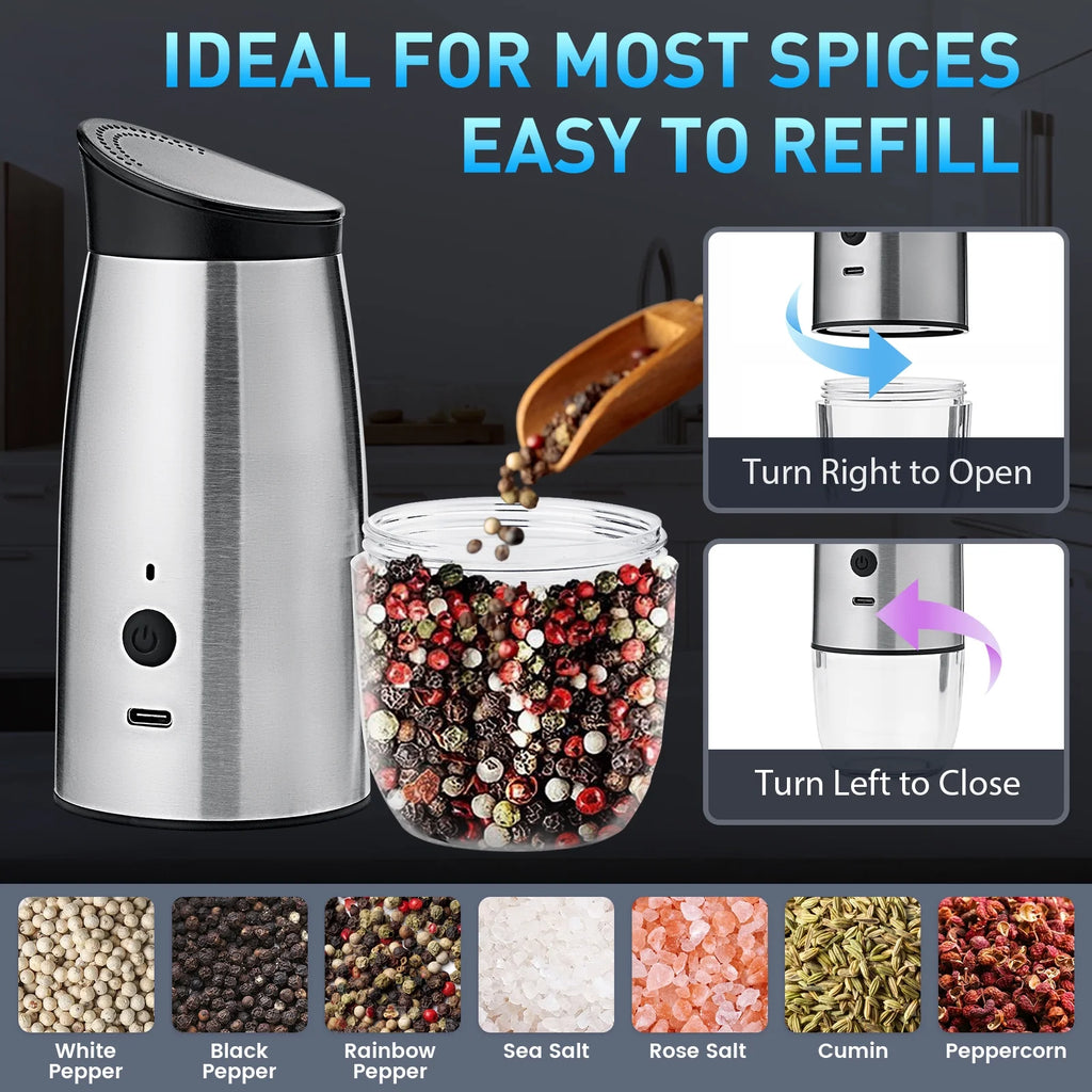 2 Pack Electric Salt and Pepper Grinder Set ,Automatic Pepper Mill Grinder with Charging Base & LED Light,Adjustable Coarseness,One-Handed Operation Salt Pepper Mills ﻿