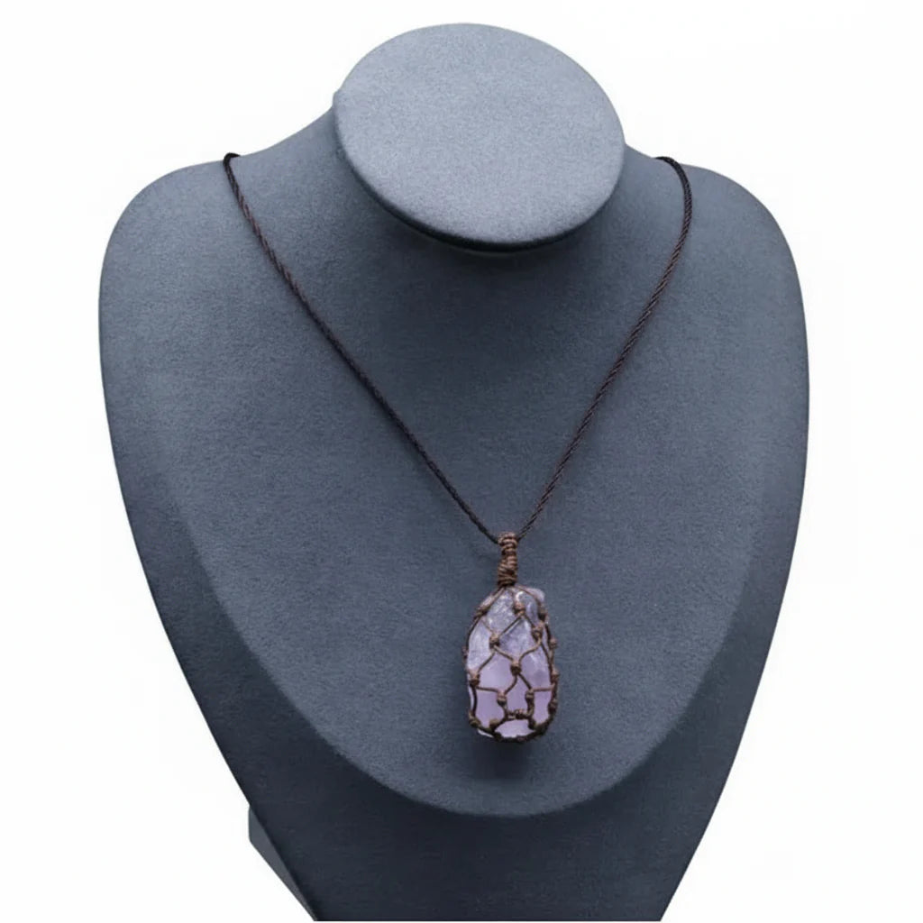 Natural Stone Mesh Pocket Necklace – Crystal Agate Handmade Adjustable Pendant Jewelry