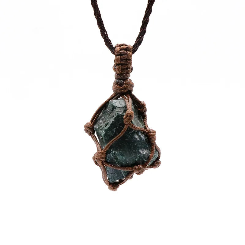 Natural Stone Mesh Pocket Necklace – Crystal Agate Handmade Adjustable Pendant Jewelry