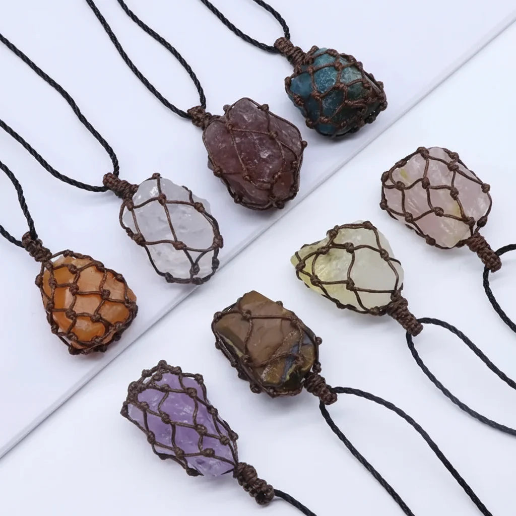 Natural Stone Mesh Pocket Necklace – Crystal Agate Handmade Adjustable Pendant Jewelry