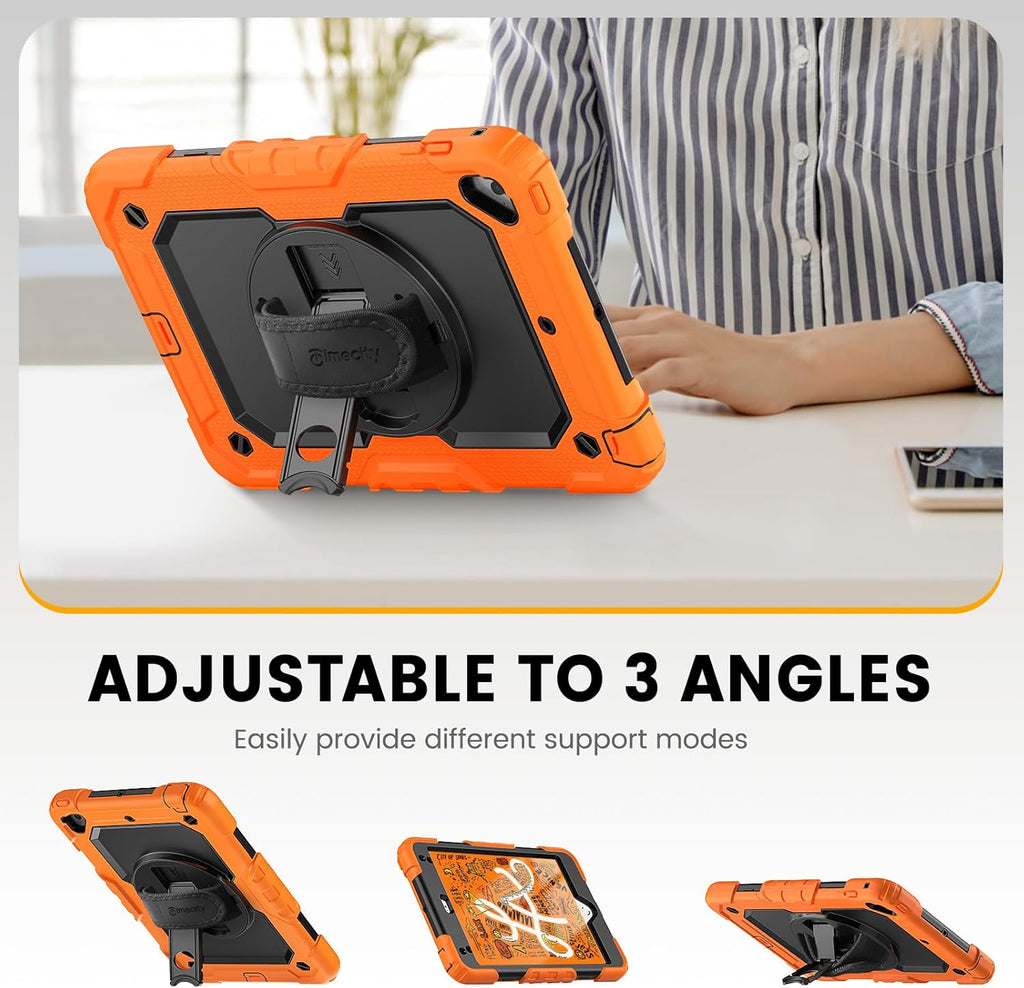 iPad Mini 5th/4th Generation 7.9" Heavy-Duty Case with Screen Protector, Kickstand, Hand/Shoulder Strap, and Pencil Holder - Orange