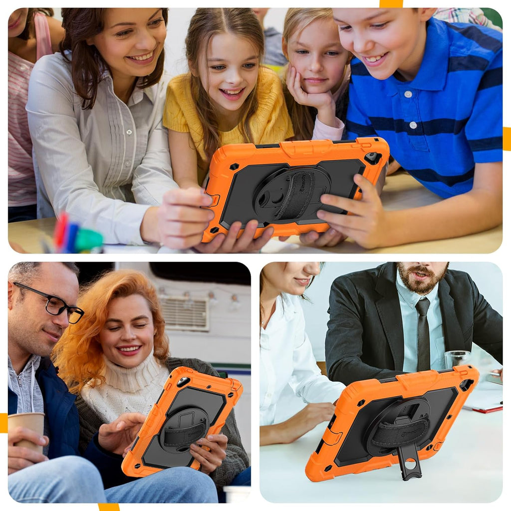 iPad Mini 5th/4th Generation 7.9" Heavy-Duty Case with Screen Protector, Kickstand, Hand/Shoulder Strap, and Pencil Holder - Orange