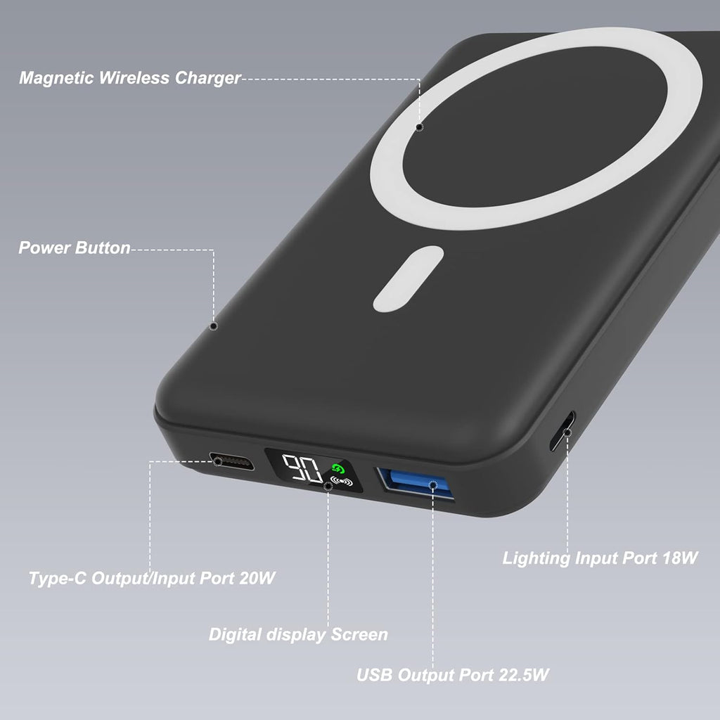 for Magsafe Power Bank, 10000Mah Foldable Magnetic Battery Pack with LED Display, 3 in 1 Wireless Portable Charger with 22.5W Fast Charging for Iphone 17/16/15/14/13/12 Pro/Pro Max/Plus/Mini