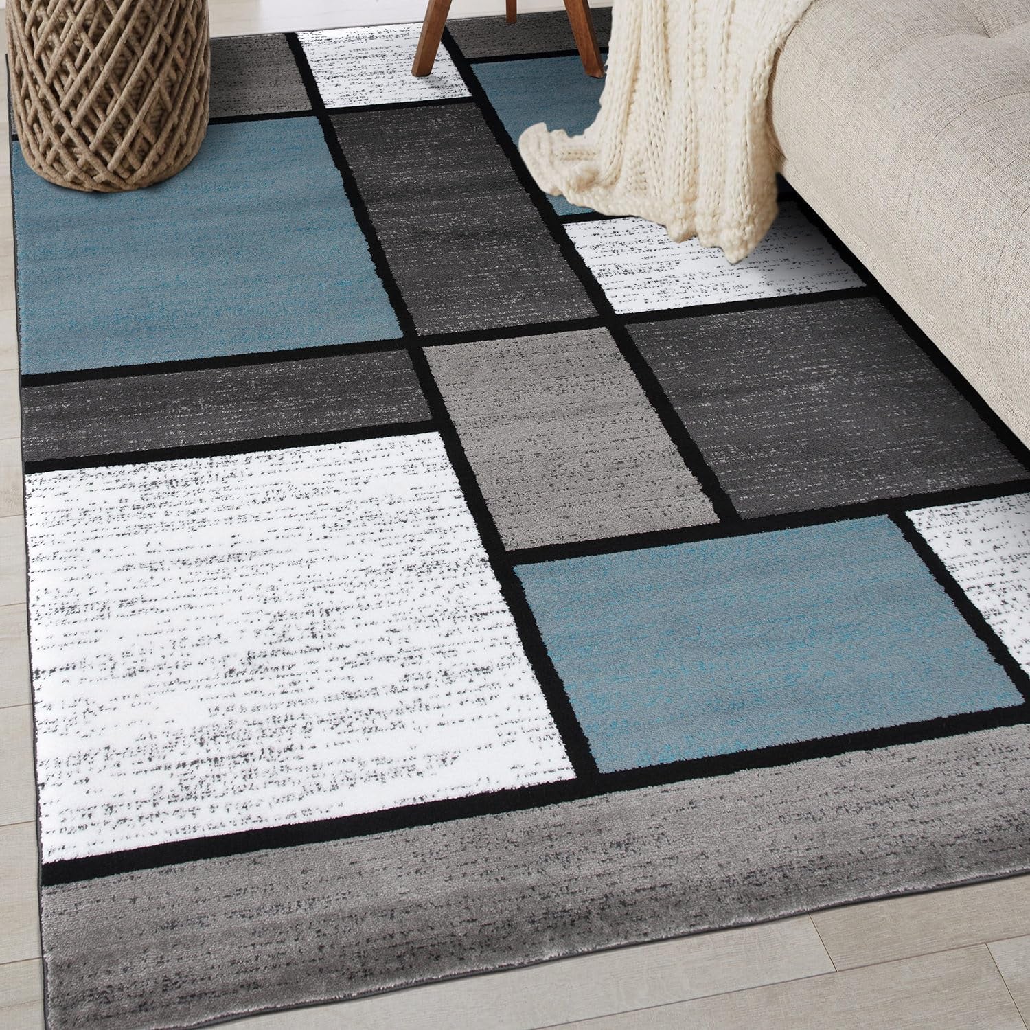 Modern Geometric Blue Area Rug, Non-Shedding Carpet for Bedroom, Office, or Small Living Room, 4' x 6