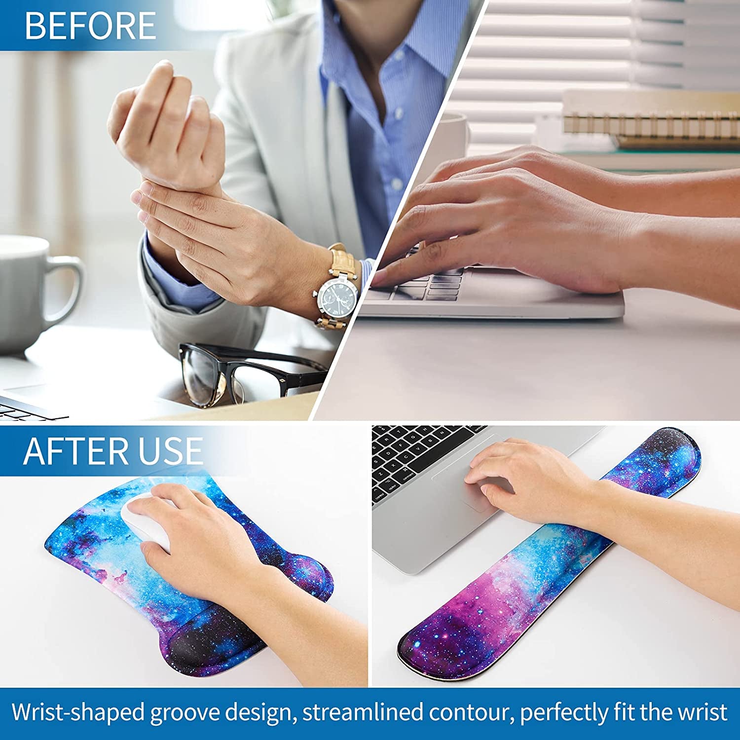 Ergonomic Keyboard and Mouse Wrist Support Set - Durable, Comfortable, and Lightweight for Enhanced Typing and Pain Relief (Galaxy)
